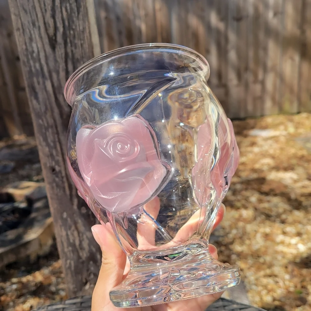 Vintage Teleflora Three Frosted Raised Pink Roses Low Crystal Glass Flower